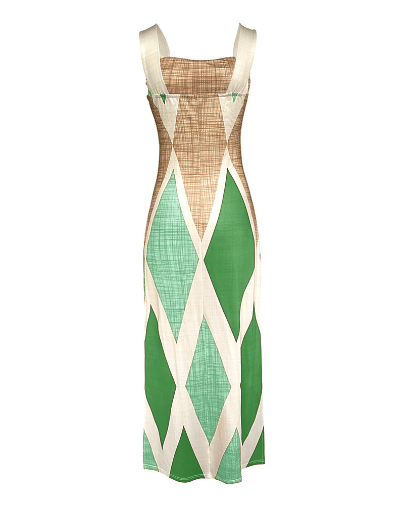 Geometric Print Square Neck Thick Strap Vacation Dress Casual Slim Fit Slit Maxi Dress - Image 14