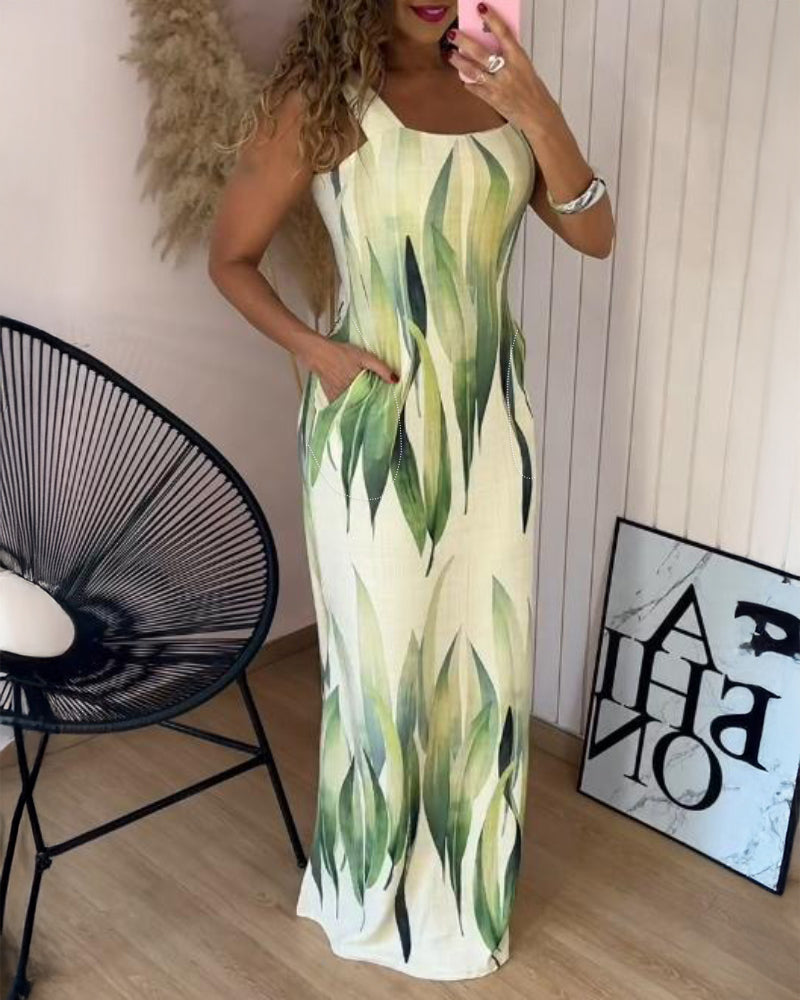 Plants Print Square Neck Thick Strap Maxi Dress Casual Slim Fit Side Slit Vacation Dress with Pockets - Image 4