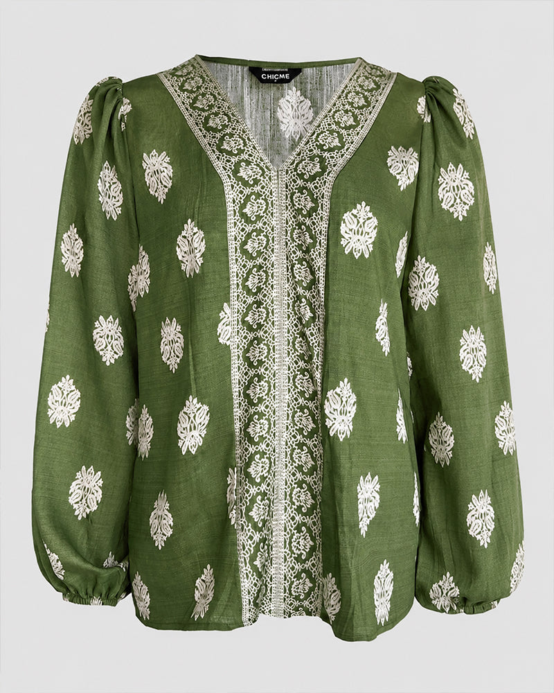 Vintage Baroque Placement Print V-Neck Lantern Sleeve Blouse Casual Long Sleeve Loose Fit Boho Top - Image 5
