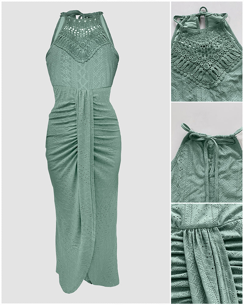 Adjustable Halter Hollow-out Back Ruched Front Slit Dress Guipure Lace Yoke Eyelet Embroidery Vacation Dress - Image 5