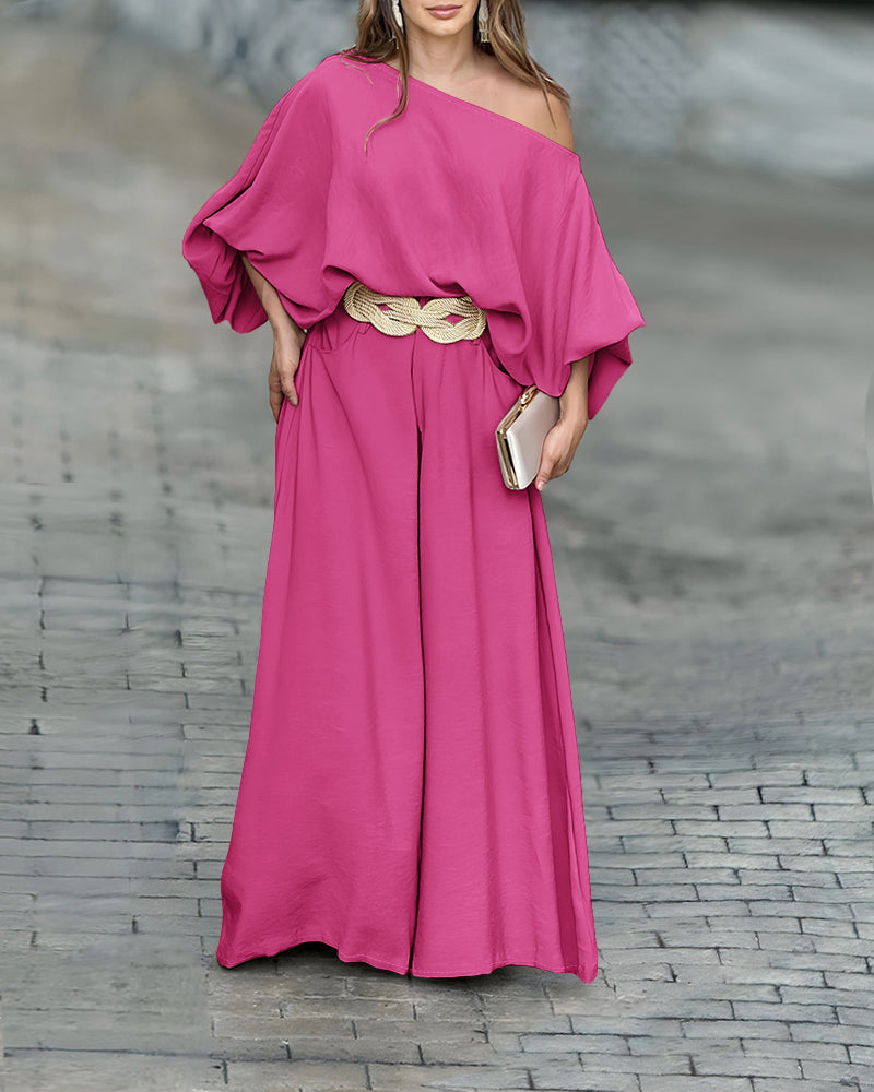 2 Pieces Outfit Turn-down Coll Long Sleeve Button Front Satin Shirt and Casual Vintage Floral Print Elastic Back Waist Wide Leg Pants Set without Belt - Image 27