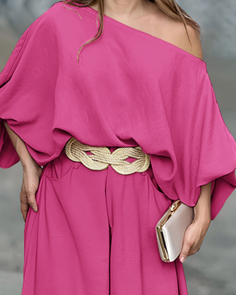 2 Pieces Outfit Turn-down Coll Long Sleeve Button Front Satin Shirt and Casual Vintage Floral Print Elastic Back Waist Wide Leg Pants Set without Belt - Image 29