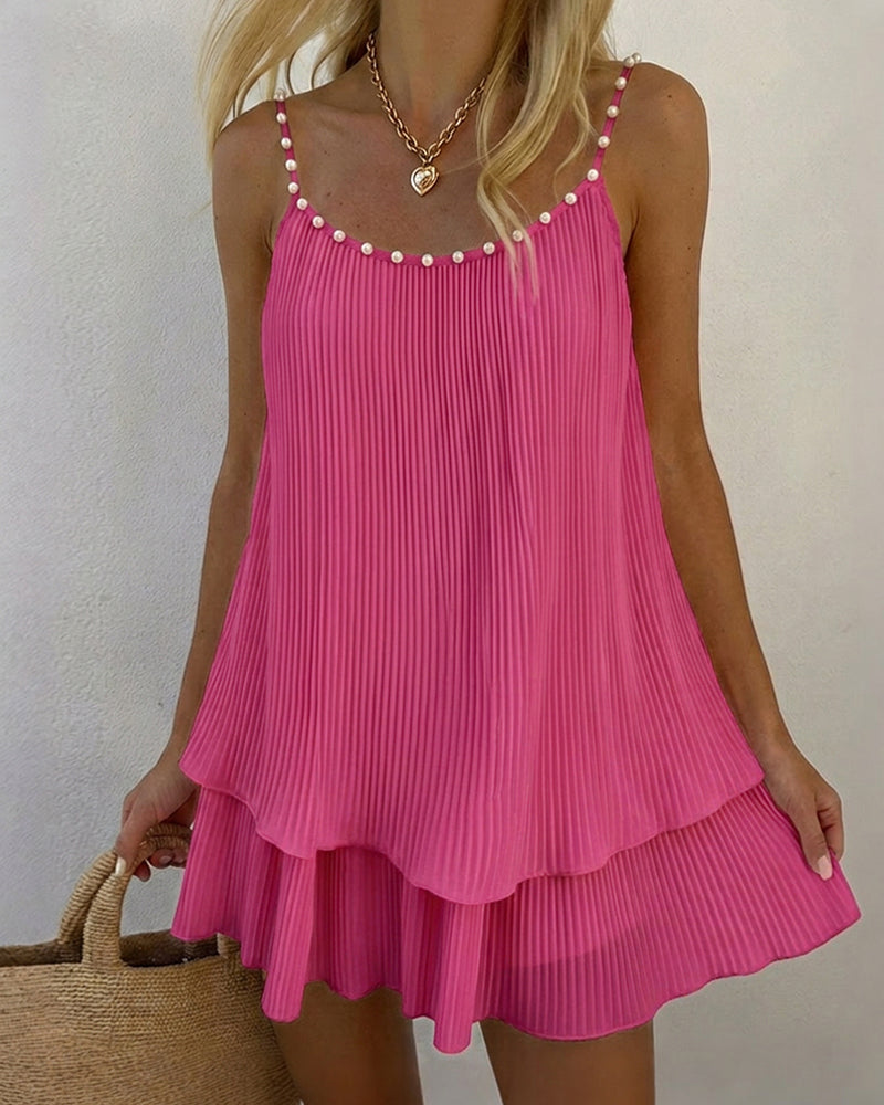 Women's Pearls Embellished Straps Mini Dress Backless Pleated Dress Casual Double Layer Lettuce Trim Cami Sun Dress - Image 26