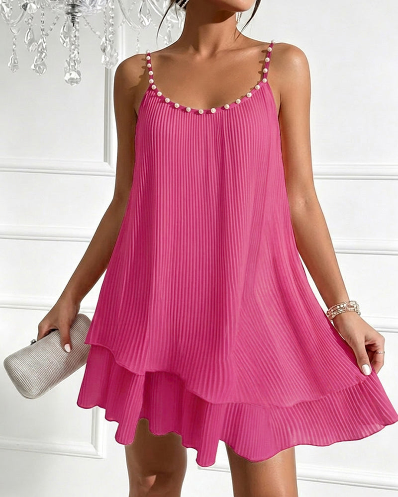 Women's Pearls Embellished Straps Mini Dress Backless Pleated Dress Casual Double Layer Lettuce Trim Cami Sun Dress - Image 28