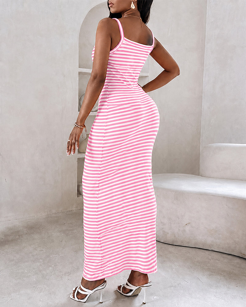 Women's Striped Ribbed Knit Maxi Dress Slim Fit Sleeveless Cami Dress Beach Vacation Sundress - Image 20