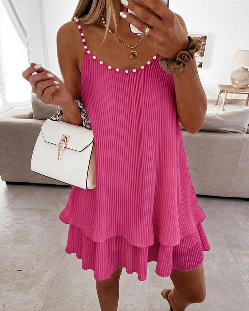 Women's Pearls Embellished Straps Mini Dress Backless Pleated Dress Casual Double Layer Lettuce Trim Cami Sun Dress - Image 29