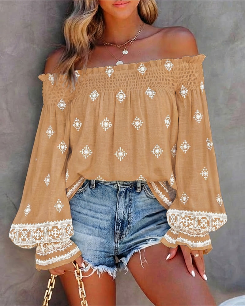 Vintage Tribal Placement Print Shirred Off Shoulder Flared Cuffs Blouse Casual Frill Trim Boho Top - Image 14