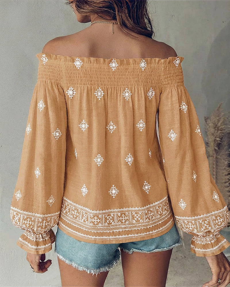 Vintage Tribal Placement Print Shirred Off Shoulder Flared Cuffs Blouse Casual Frill Trim Boho Top - Image 15