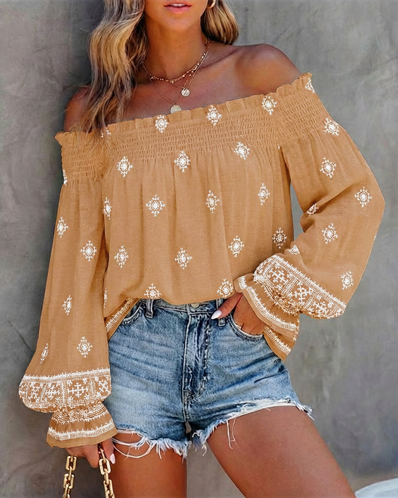 Vintage Tribal Placement Print Shirred Off Shoulder Flared Cuffs Blouse Casual Frill Trim Boho Top - Image 16