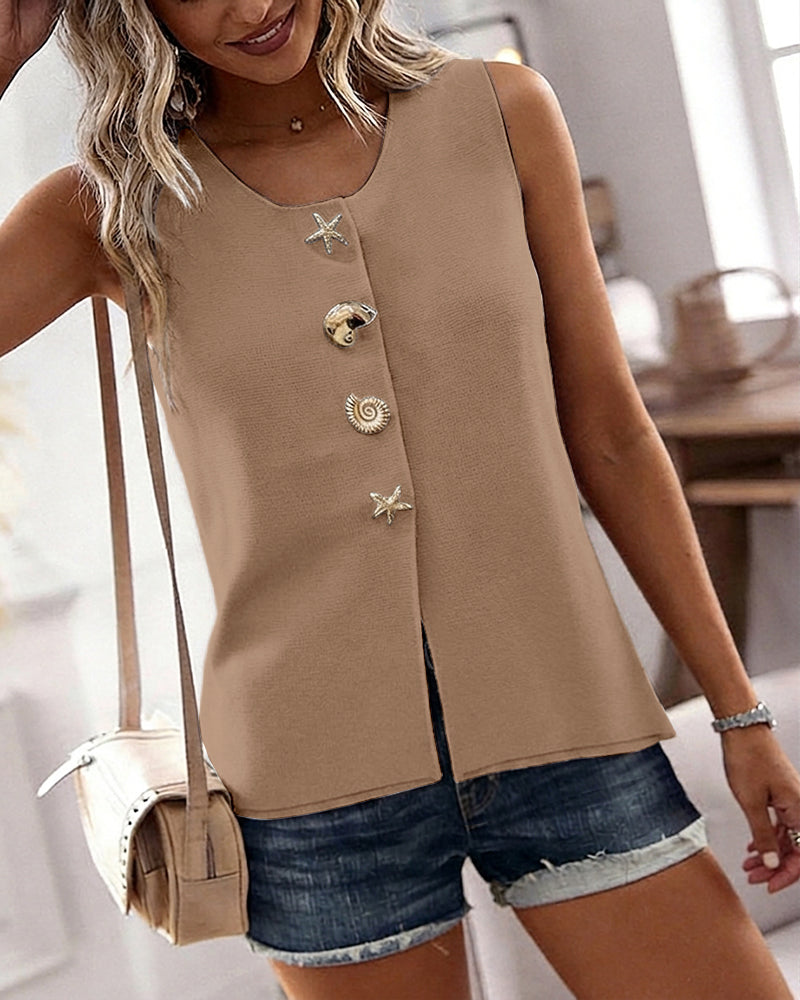 Women's Knit Tank Top Starfish Shell Gold Button Sleeveless Vest Beach Vacation Casual Top - Image 13