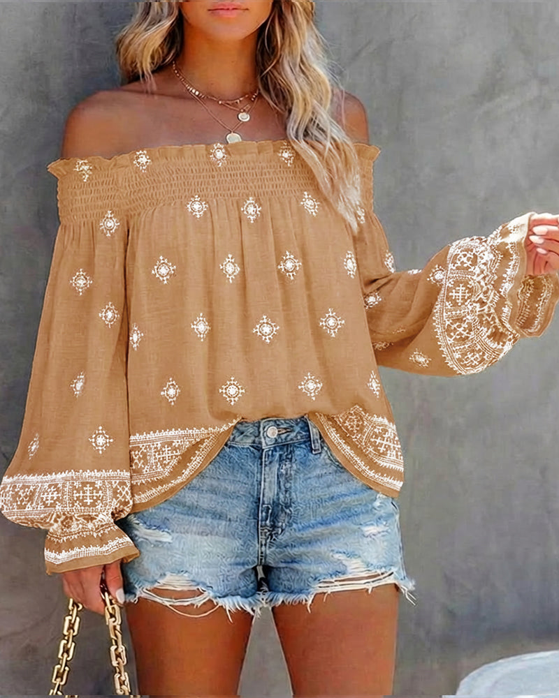 Vintage Tribal Placement Print Shirred Off Shoulder Flared Cuffs Blouse Casual Frill Trim Boho Top - Image 17