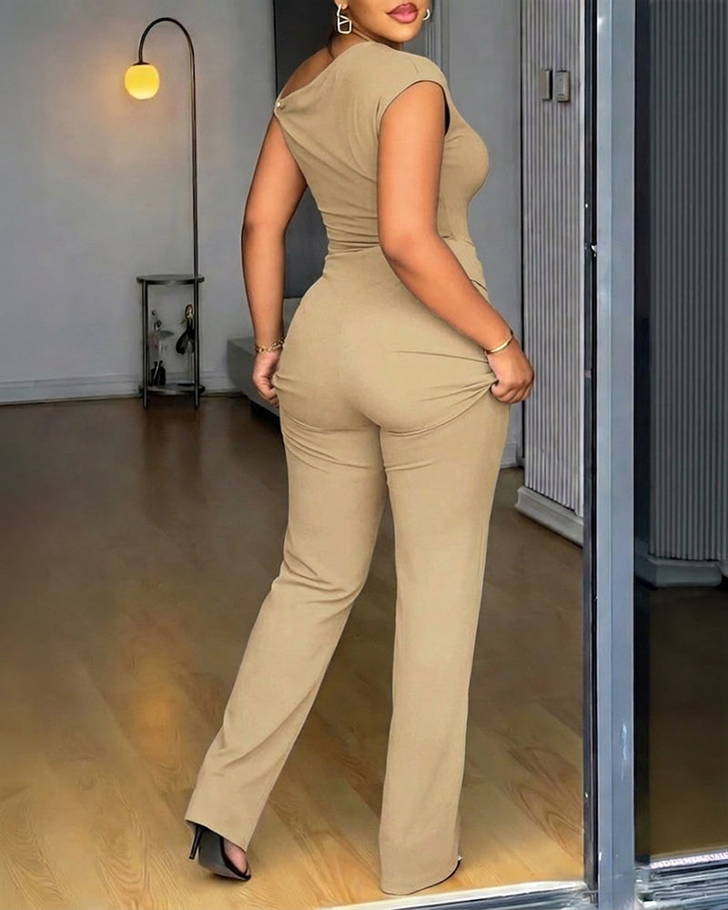 CHICME Women's 2 Piece Set Skew Neck Slim Fit Top and Elastic Waist Flare Pants with Metal Detail - Image 8