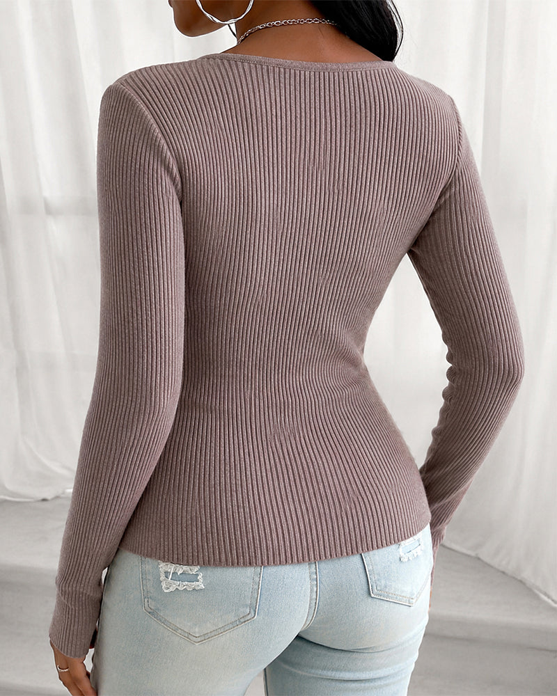 Women's Overlap V Neck Long Sleeve Ribbed Knit Top Rhinestone Side Button Ruched Slim Fit Asymmetric Hem Sweater - Image 2