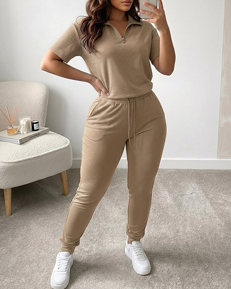 Women's 2-Piece Sporty Set Short Sleeve Half Zip Top and High Waisted Joggers Casual Lounge Outfit with Pockets - Image 11