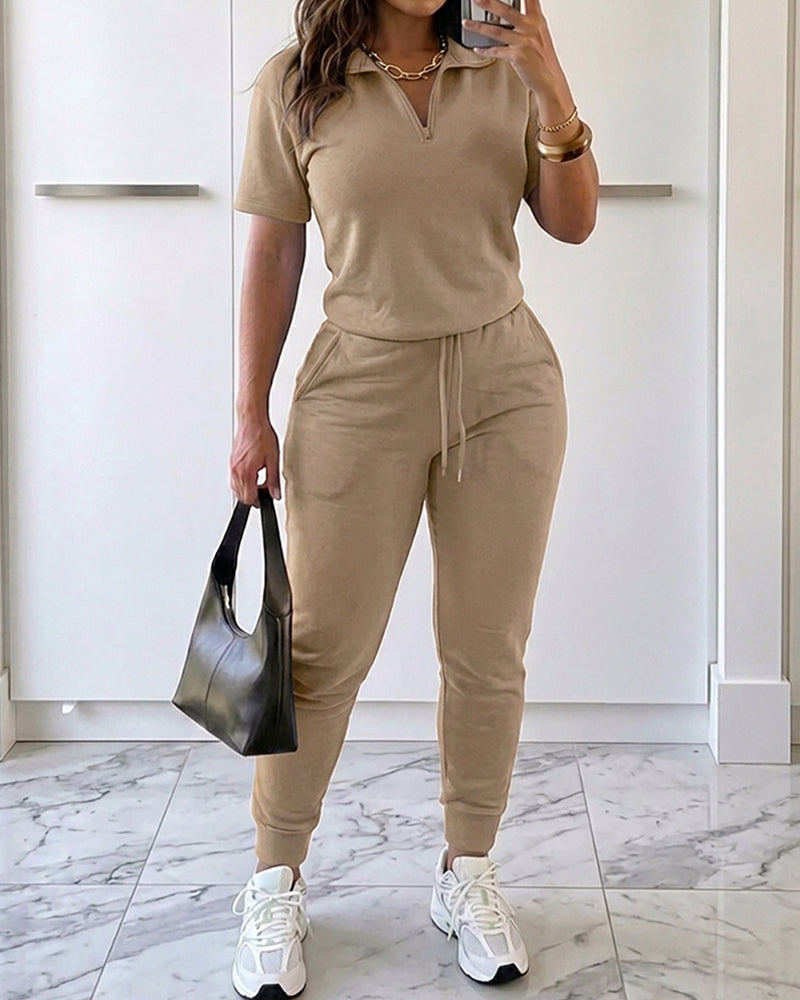 Women's 2-Piece Sporty Set Short Sleeve Half Zip Top and High Waisted Joggers Casual Lounge Outfit with Pockets - Image 15