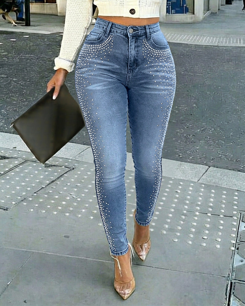 Rhinestone Decor High Waist Zipper Fly Skinny Jeans Washed Denim Pants without Belt - Image 11
