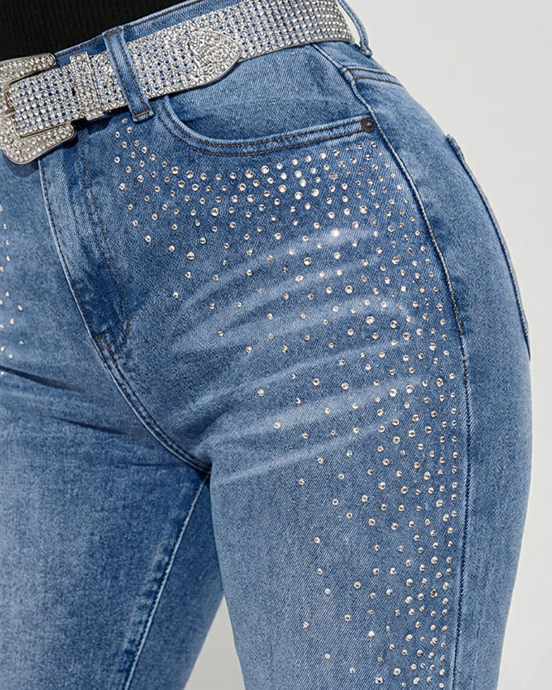 Rhinestone Decor High Waist Zipper Fly Skinny Jeans Washed Denim Pants without Belt - Image 16