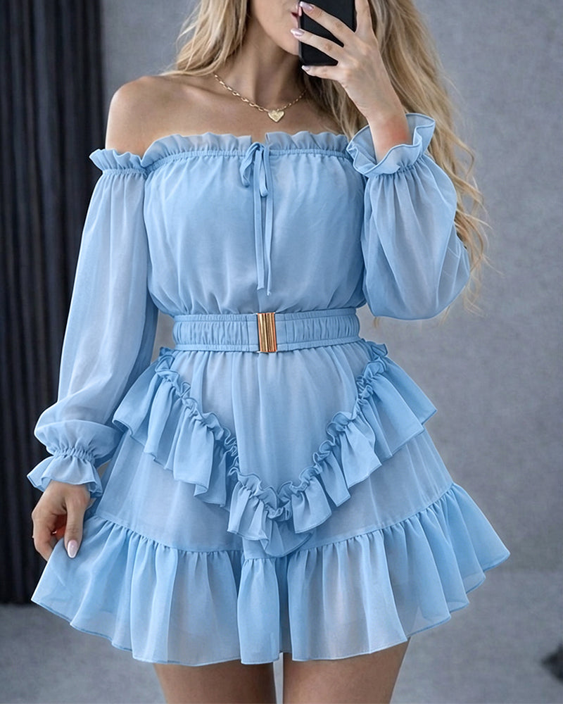 Women's Off Shoulder Frill Trim Mini A Line Dress Flowy Chiffon Ruffle Hem Party Dress with Belt & Built-In Shorts - Image 15