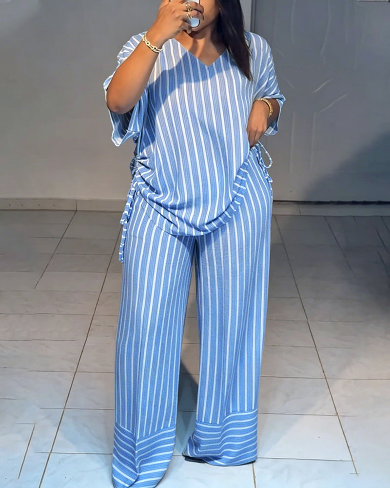 Women's Striped 2 Piece Outfits V Neck Short Sleeve Drawstring Top and Wide Leg Pants Set with Pockets - Image 7