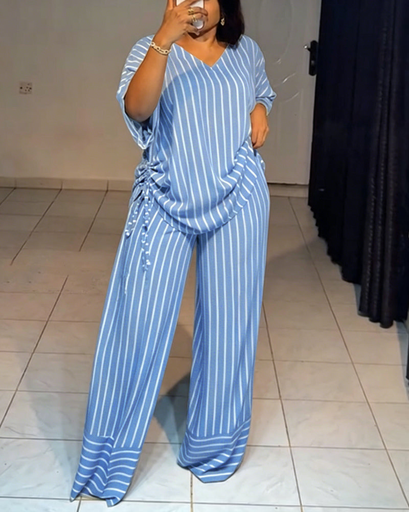 Women's Striped 2 Piece Outfits V Neck Short Sleeve Drawstring Top and Wide Leg Pants Set with Pockets - Image 10