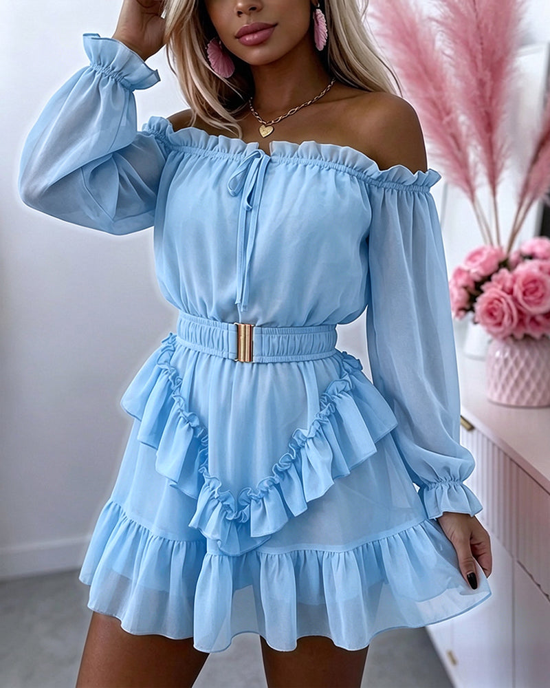 Women's Off Shoulder Frill Trim Mini A Line Dress Flowy Chiffon Ruffle Hem Party Dress with Belt & Built-In Shorts - Image 17