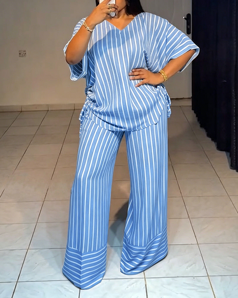Women's Striped 2 Piece Outfits V Neck Short Sleeve Drawstring Top and Wide Leg Pants Set with Pockets - Image 11