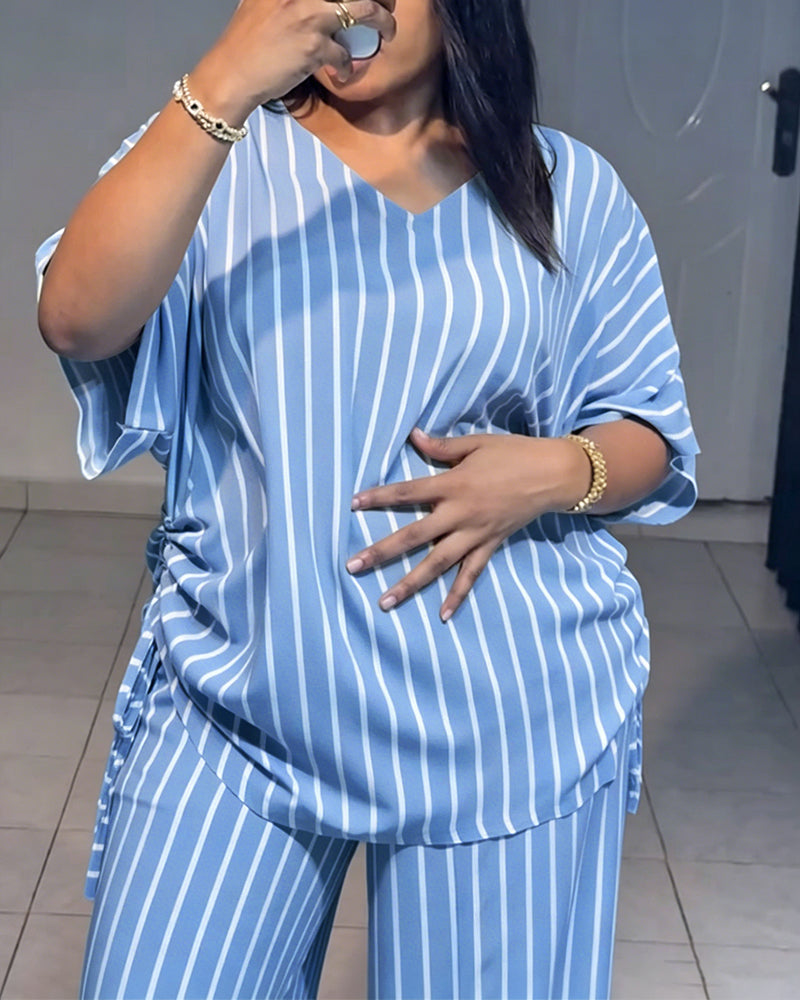 Women's Striped 2 Piece Outfits V Neck Short Sleeve Drawstring Top and Wide Leg Pants Set with Pockets - Image 14
