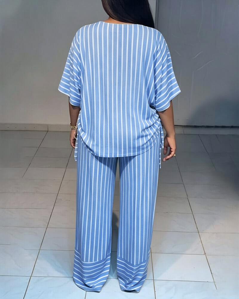 Women's Striped 2 Piece Outfits V Neck Short Sleeve Drawstring Top and Wide Leg Pants Set with Pockets - Image 8