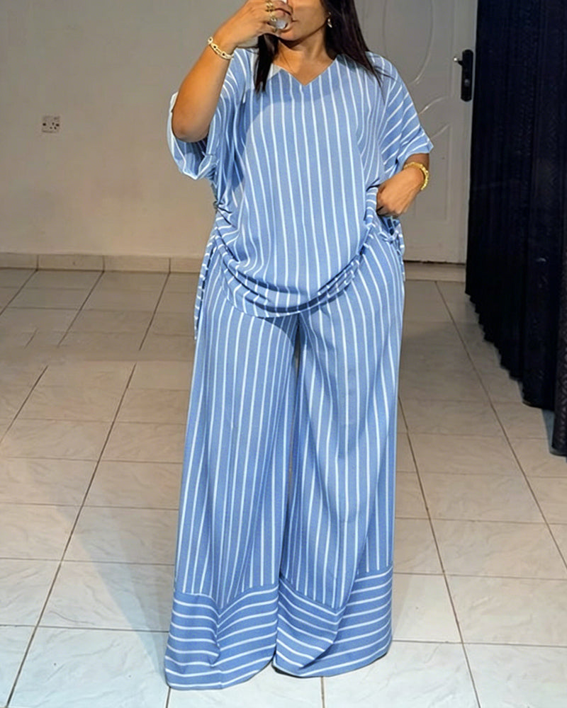 Women's Striped 2 Piece Outfits V Neck Short Sleeve Drawstring Top and Wide Leg Pants Set with Pockets - Image 12