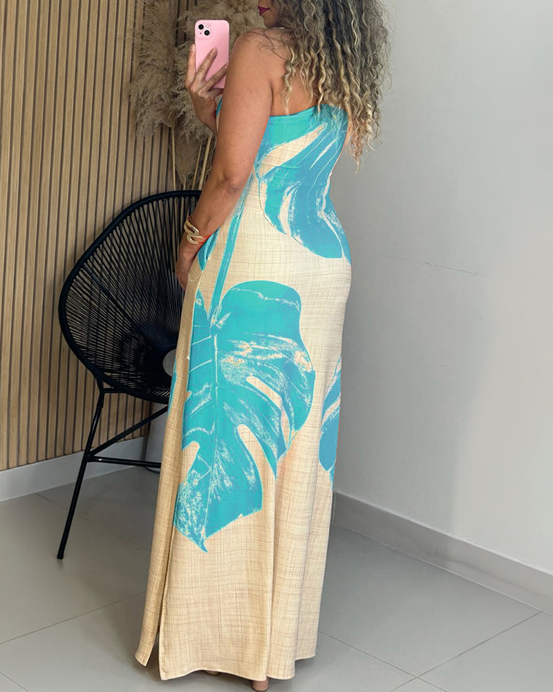 CHICME Women's Tropical Monstera Leaf Print One Shoulder Maxi Dress Side Slit Bodycon Dress with Pockets and Zipper - Image 10