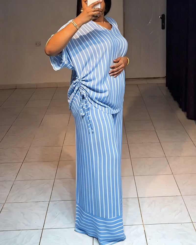 Women's Striped 2 Piece Outfits V Neck Short Sleeve Drawstring Top and Wide Leg Pants Set with Pockets - Image 9