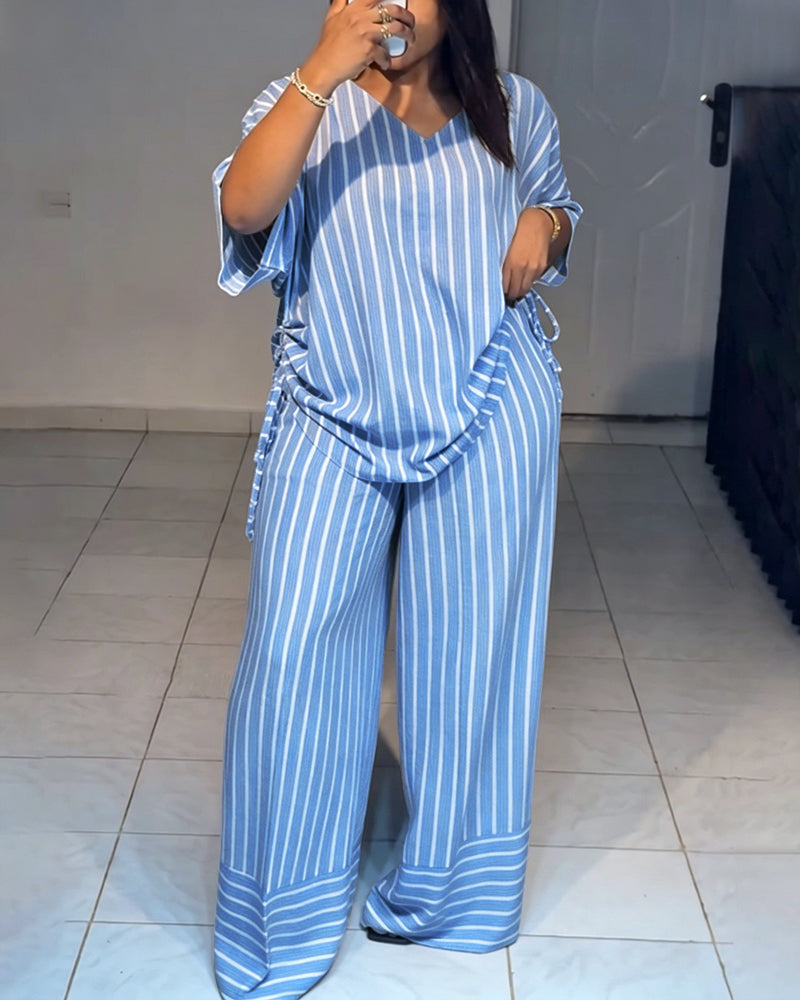 Women's Striped 2 Piece Outfits V Neck Short Sleeve Drawstring Top and Wide Leg Pants Set with Pockets - Image 13