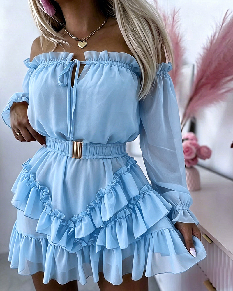 Women's Off Shoulder Frill Trim Mini A Line Dress Flowy Chiffon Ruffle Hem Party Dress with Belt & Built-In Shorts - Image 21
