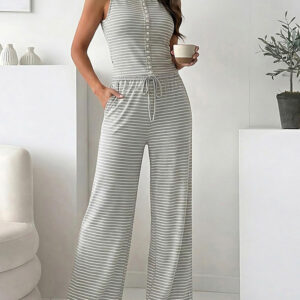 Women's Striped 2 Piece Set Sleeveless Button Knit Top and Elastic Drawstring Pants Casual Loungewear