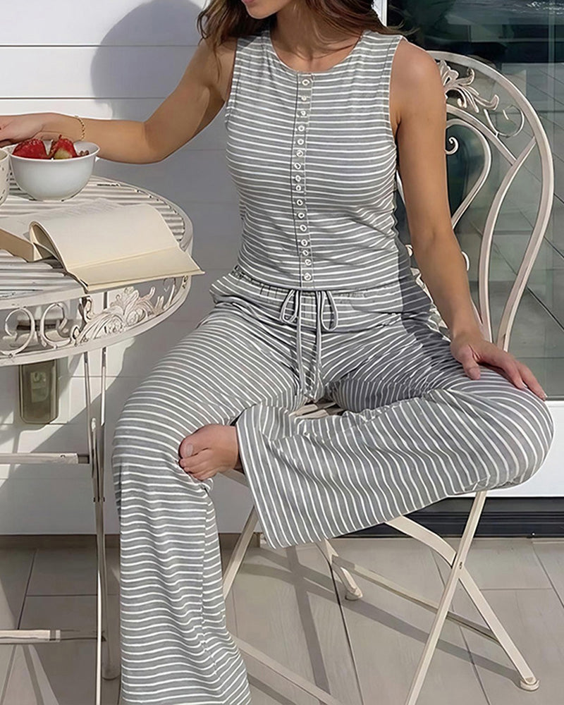 Women's Striped 2 Piece Set Sleeveless Button Knit Top and Elastic Drawstring Pants Casual Loungewear - Image 4