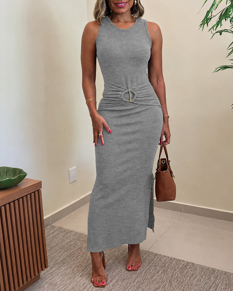Women's Rib Knit Sleeveless Maxi Dress Ruched Gold Buckle High Waist Side Slit Bodycon Dress - Image 23