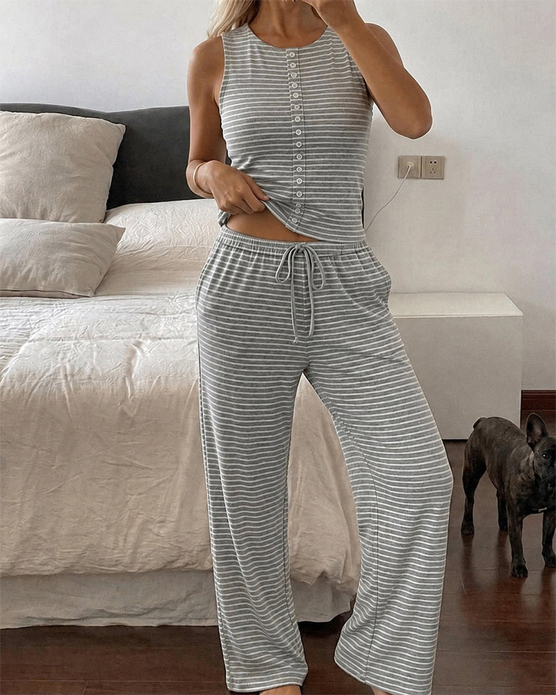 Women's Striped 2 Piece Set Sleeveless Button Knit Top and Elastic Drawstring Pants Casual Loungewear - Image 6