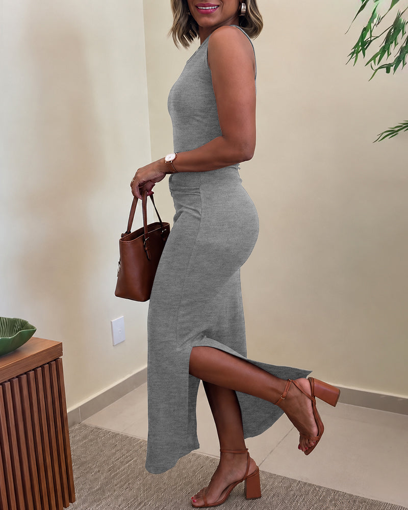 Women's Rib Knit Sleeveless Maxi Dress Ruched Gold Buckle High Waist Side Slit Bodycon Dress - Image 24