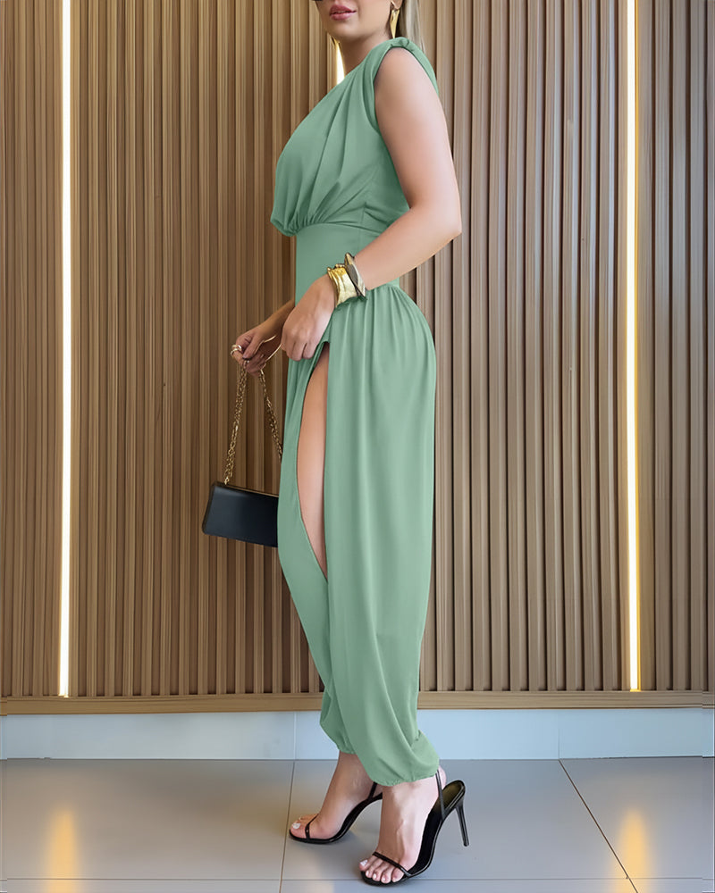 Padded Shoulders Sleeveless Cinched Waist Side High Slit Overalls Casual Hollow-out Back Ruched Jumpsuit - Image 22