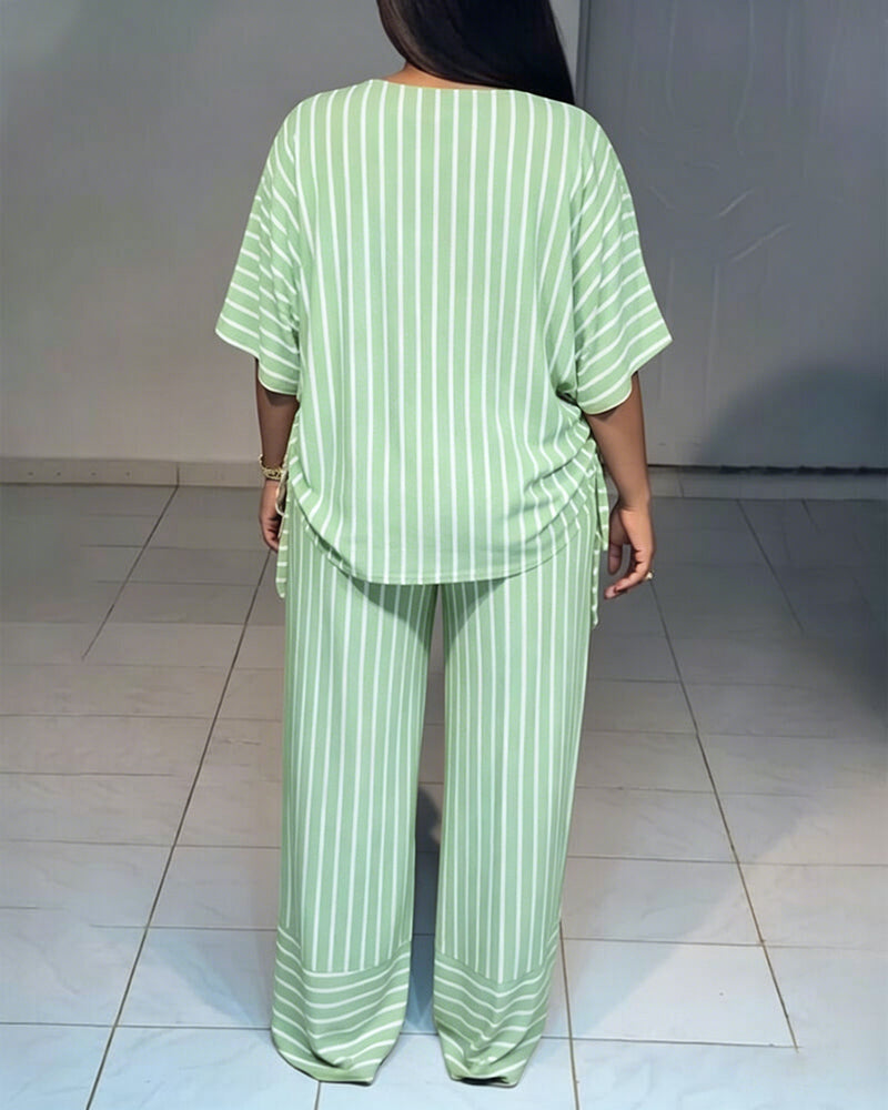 Women's Striped 2 Piece Outfits V Neck Short Sleeve Drawstring Top and Wide Leg Pants Set with Pockets - Image 16