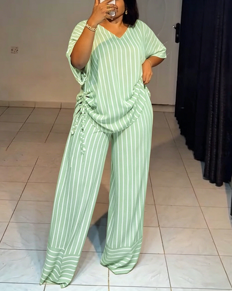 Women's Striped 2 Piece Outfits V Neck Short Sleeve Drawstring Top and Wide Leg Pants Set with Pockets - Image 19