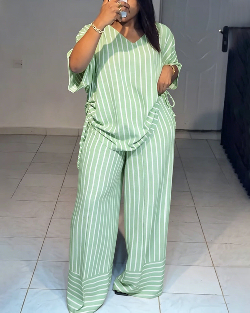 Women's Striped 2 Piece Outfits V Neck Short Sleeve Drawstring Top and Wide Leg Pants Set with Pockets - Image 20