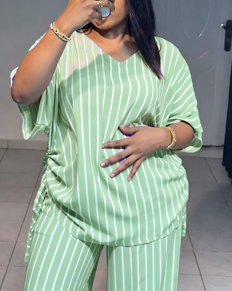 Women's Striped 2 Piece Outfits V Neck Short Sleeve Drawstring Top and Wide Leg Pants Set with Pockets - Image 22