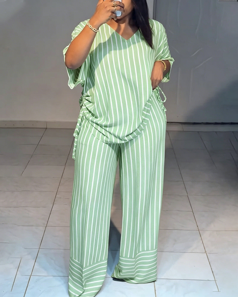 Women's Striped 2 Piece Outfits V Neck Short Sleeve Drawstring Top and Wide Leg Pants Set with Pockets - Image 15