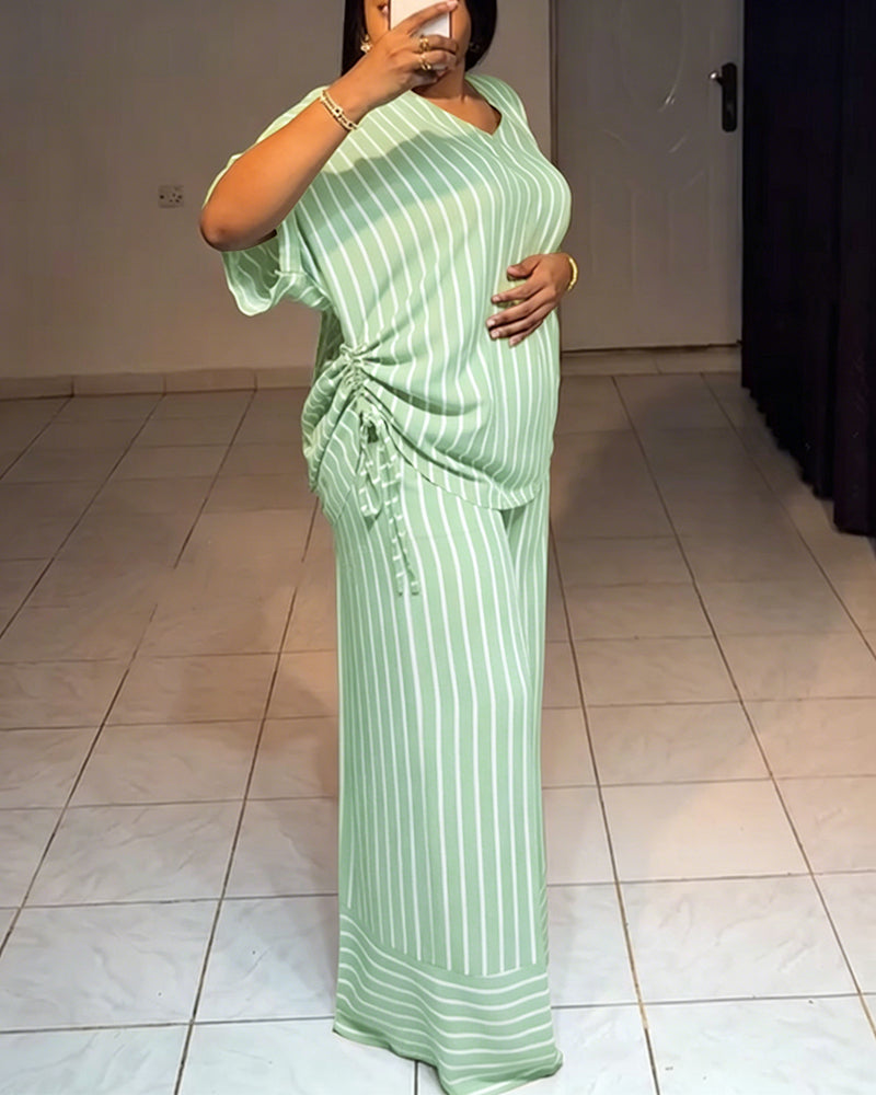 Women's Striped 2 Piece Outfits V Neck Short Sleeve Drawstring Top and Wide Leg Pants Set with Pockets - Image 17