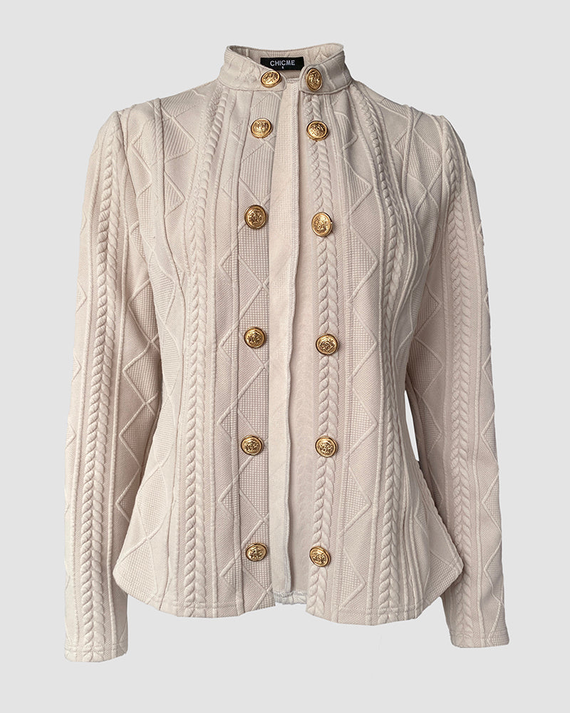 Metal Double Breasted Decor Stand Collar Argyle & Cable Textured Coat - Image 5