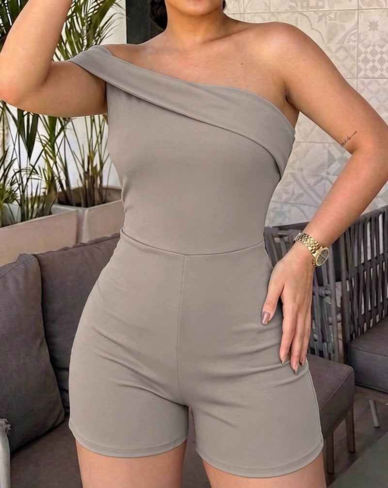Women's Foldover One Shoulder Romper Slim Fit Sleeveless High Waist Romper - Image 21