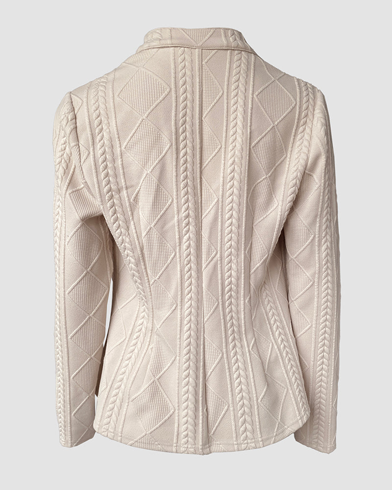 Metal Double Breasted Decor Stand Collar Argyle & Cable Textured Coat - Image 6
