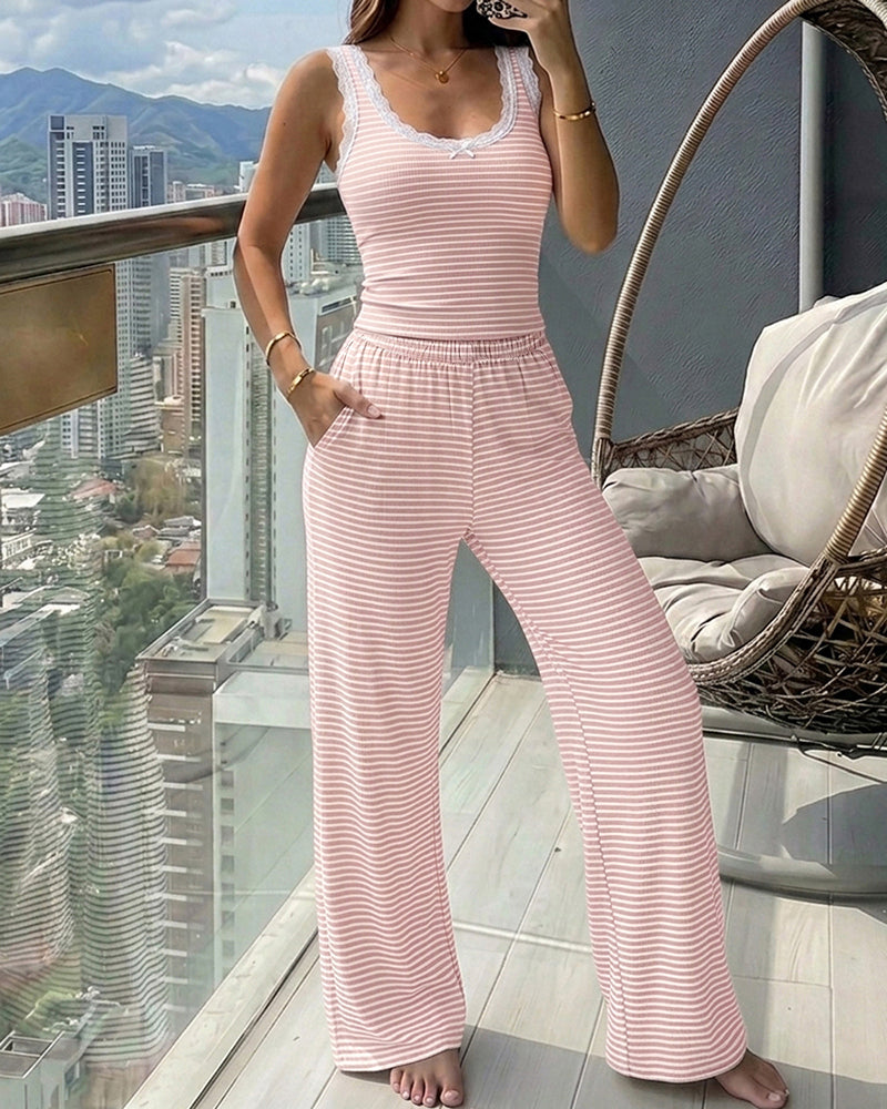 Women's 2 Piece Lace Trim Stripe Lounge Set Sleeveless Tank Top and Wide Leg Pants Set Rib Knit Pajamas Set with Pockets - Image 25