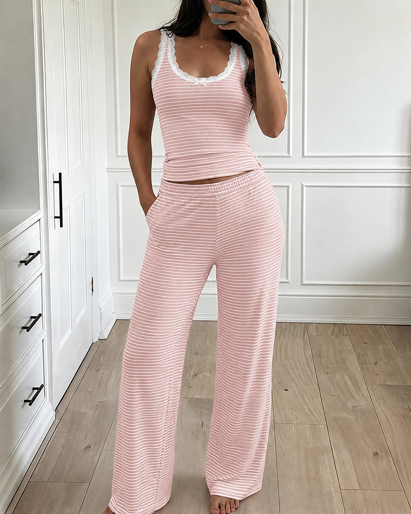 Women's 2 Piece Lace Trim Stripe Lounge Set Sleeveless Tank Top and Wide Leg Pants Set Rib Knit Pajamas Set with Pockets - Image 13